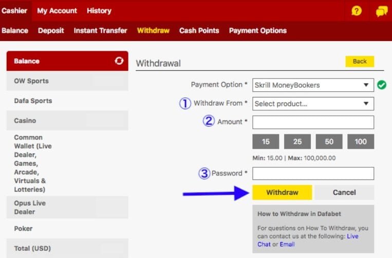 Withdraw money from Dafabet